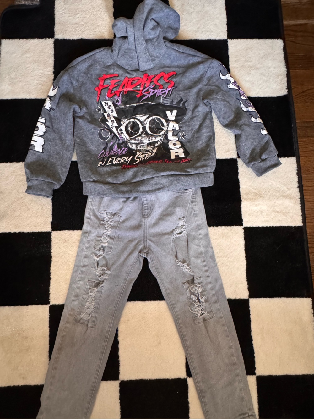 Kids Grey Graphic Sweatshirt & Distressed Jeans Set